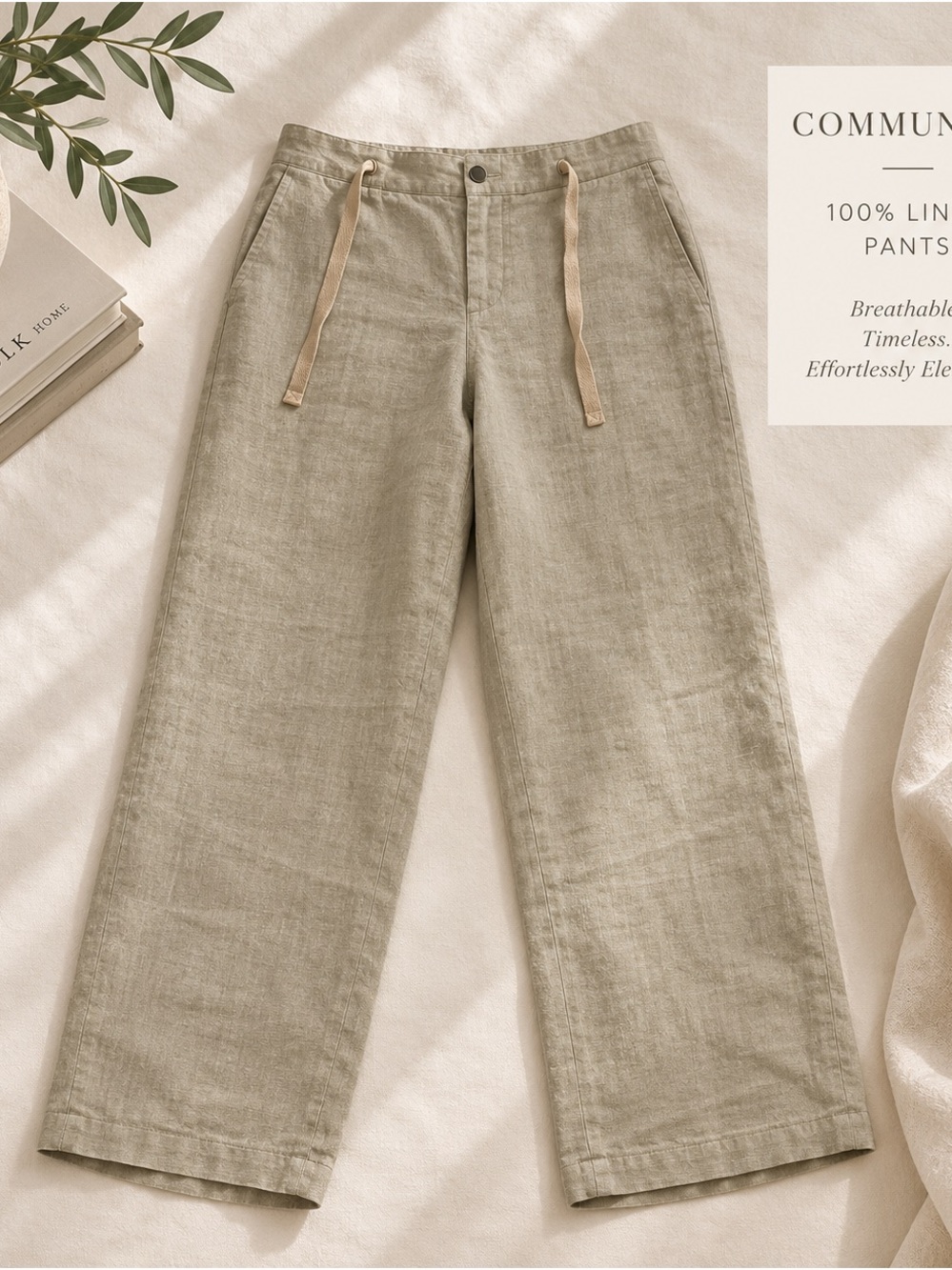 Community by Aritzia 100% Linen Wide Leg Pants | Natural Oatmeal Drawstring Trou